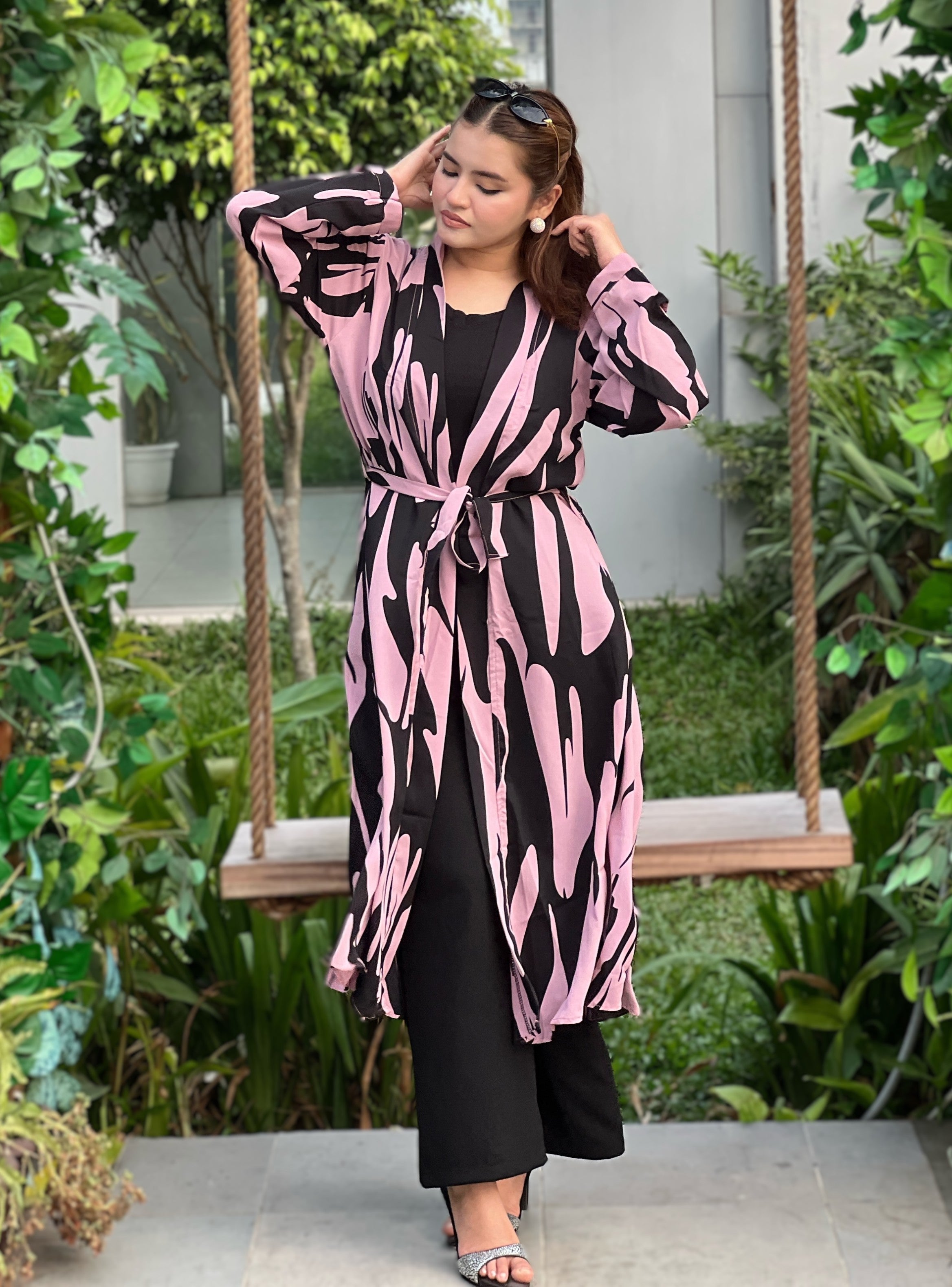 Pink Tiger Long Shrug Paired With Formal Pant and Round Neck T-shirt. Trendy Buzz.