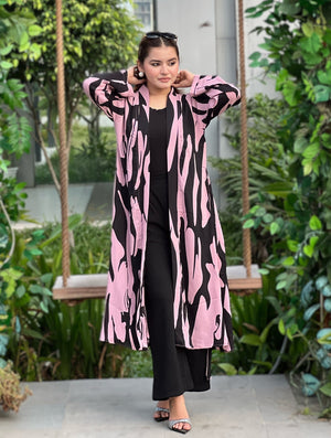 Pink Tiger Long Shrug Paired With Formal Pant and Round Neck T-shirt. Trendy Buzz.