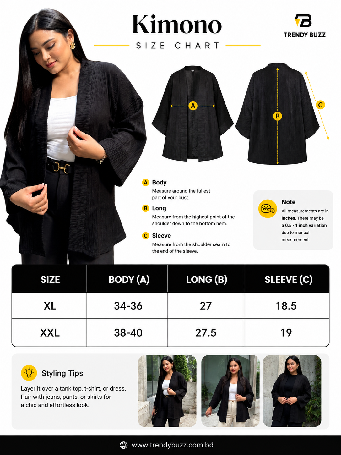 Kimono-style size chart and measurement guide from Trendy Buzz, showing a model wearing a black kimono jacket, front and back garment diagrams with labeled measurements, a size table for XL and XXL, styling tips, and small model photos.