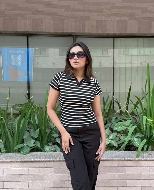 Contrast Polo T-Shirt || Black & White Stripe