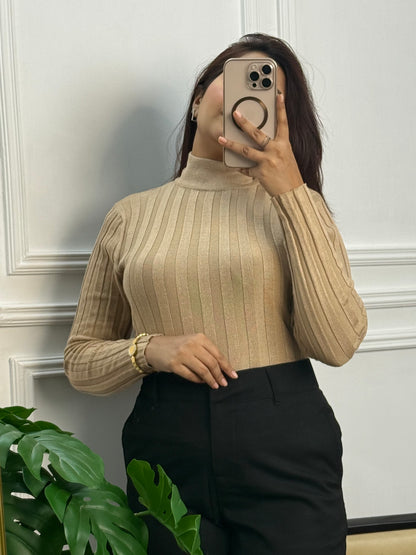 Winter Essential Crop Mock Neck Top – Full Sleeve Body-Warmer Style | Beige