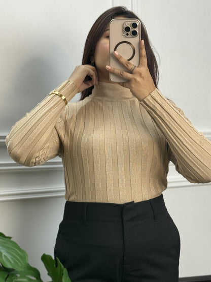 Winter Essential Crop Mock Neck Top – Full Sleeve Body-Warmer Style | Beige