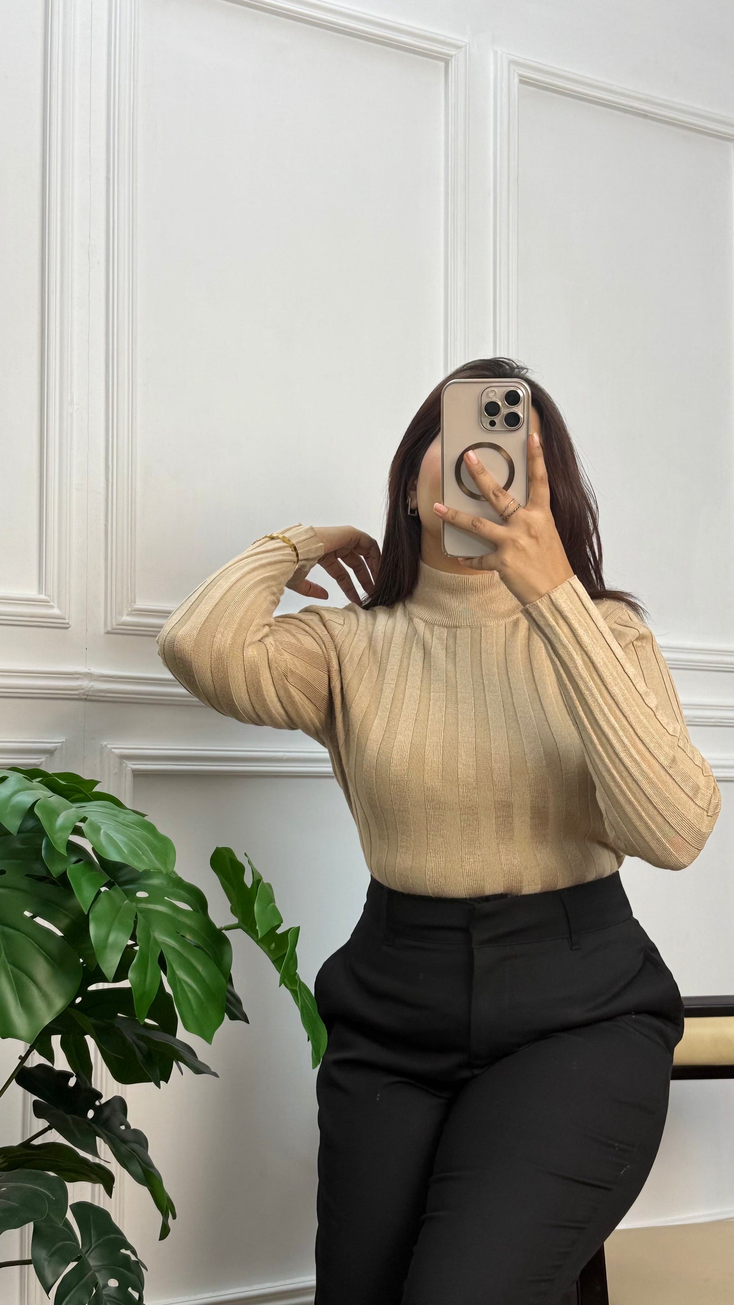 Winter Essential Crop Mock Neck Top – Full Sleeve Body-Warmer Style | Beige