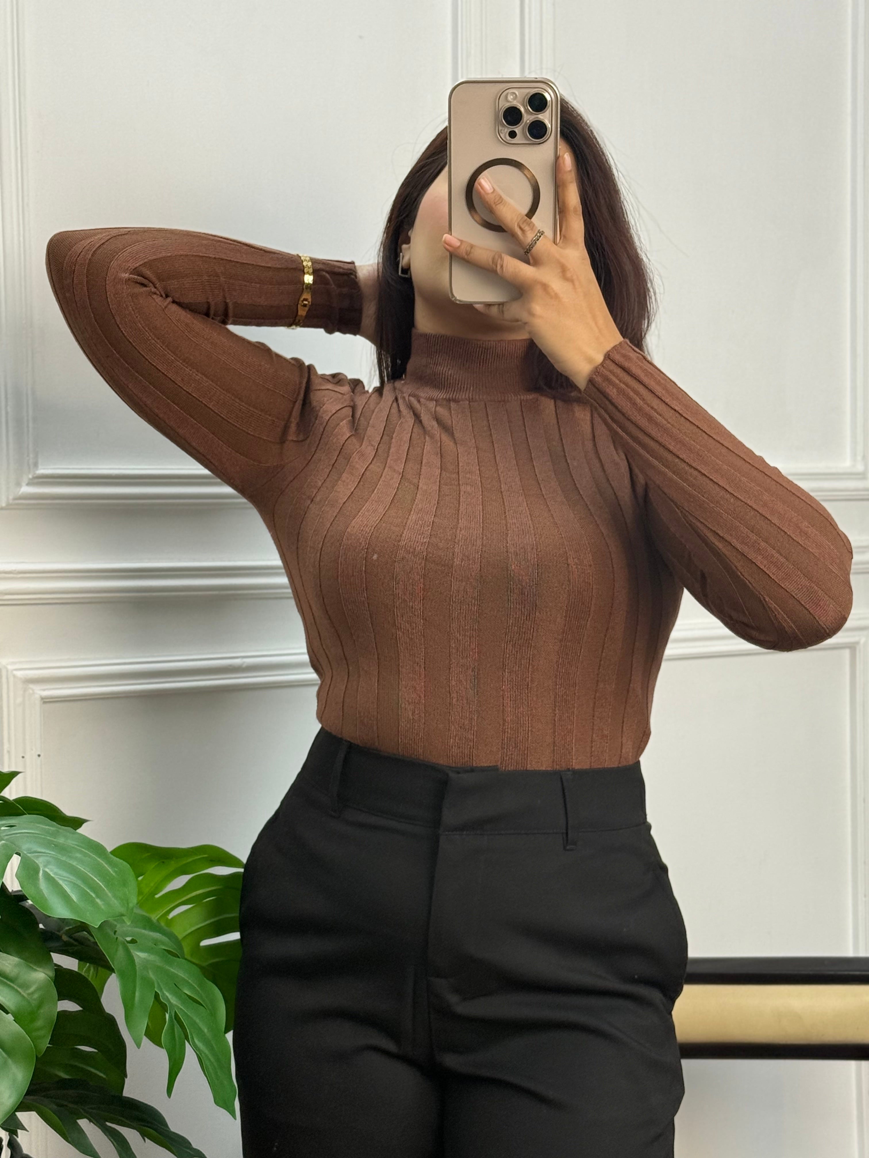 Winter Essential Crop Mock Neck Top – Full Sleeve Body-Warmer Style | Brown