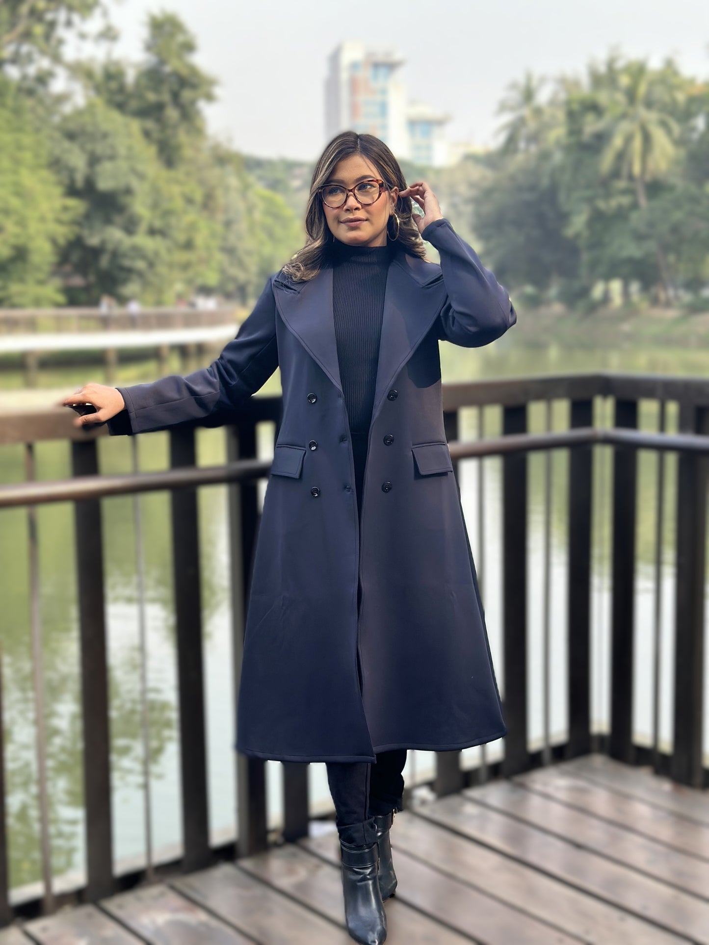 Special Ladies Long Overcoat – 6 Button Design with Front Pocket || Blueish Black