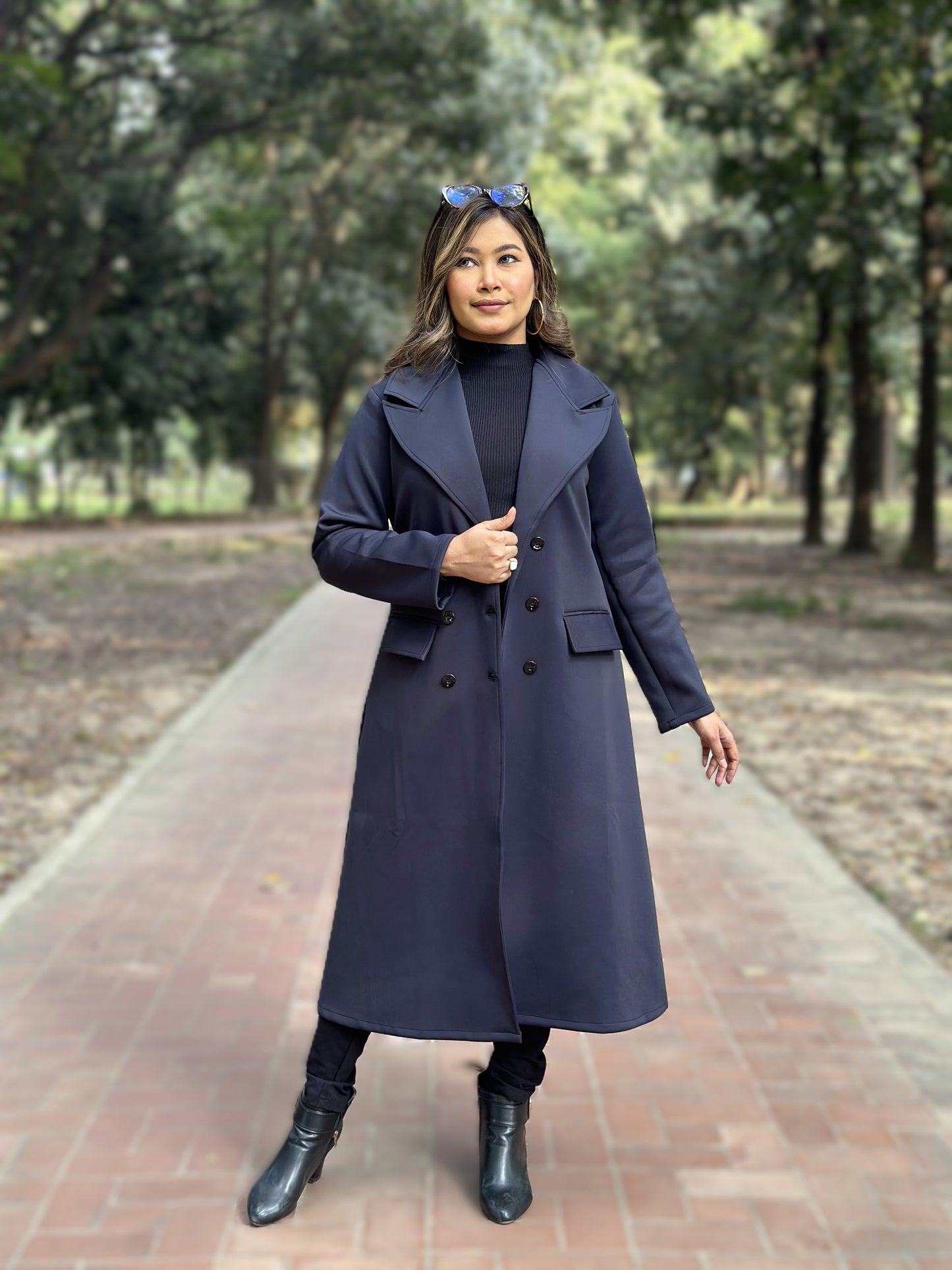 Special Ladies Long Overcoat – 6 Button Design with Front Pocket || Blueish Black