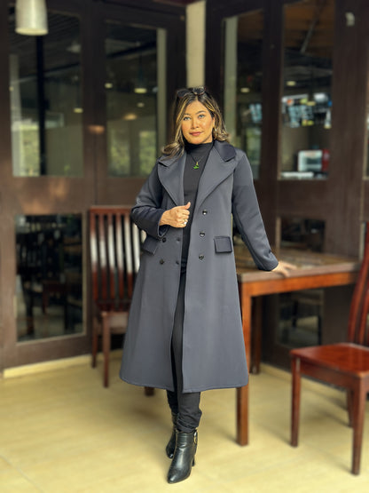 Special Ladies Long Overcoat – 6 Button Design with Front Pocket || Blueish Black