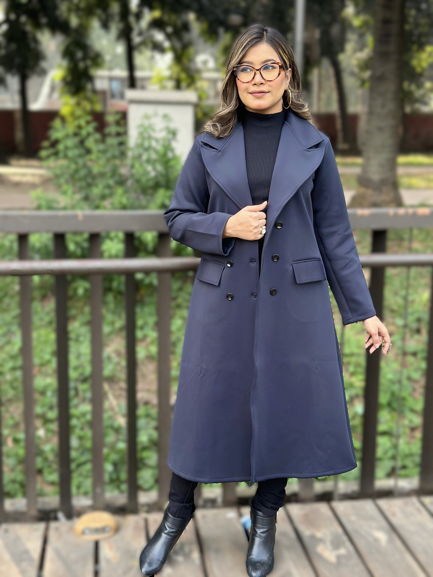 Special Ladies Long Overcoat – 6 Button Design with Front Pocket || Blueish Black