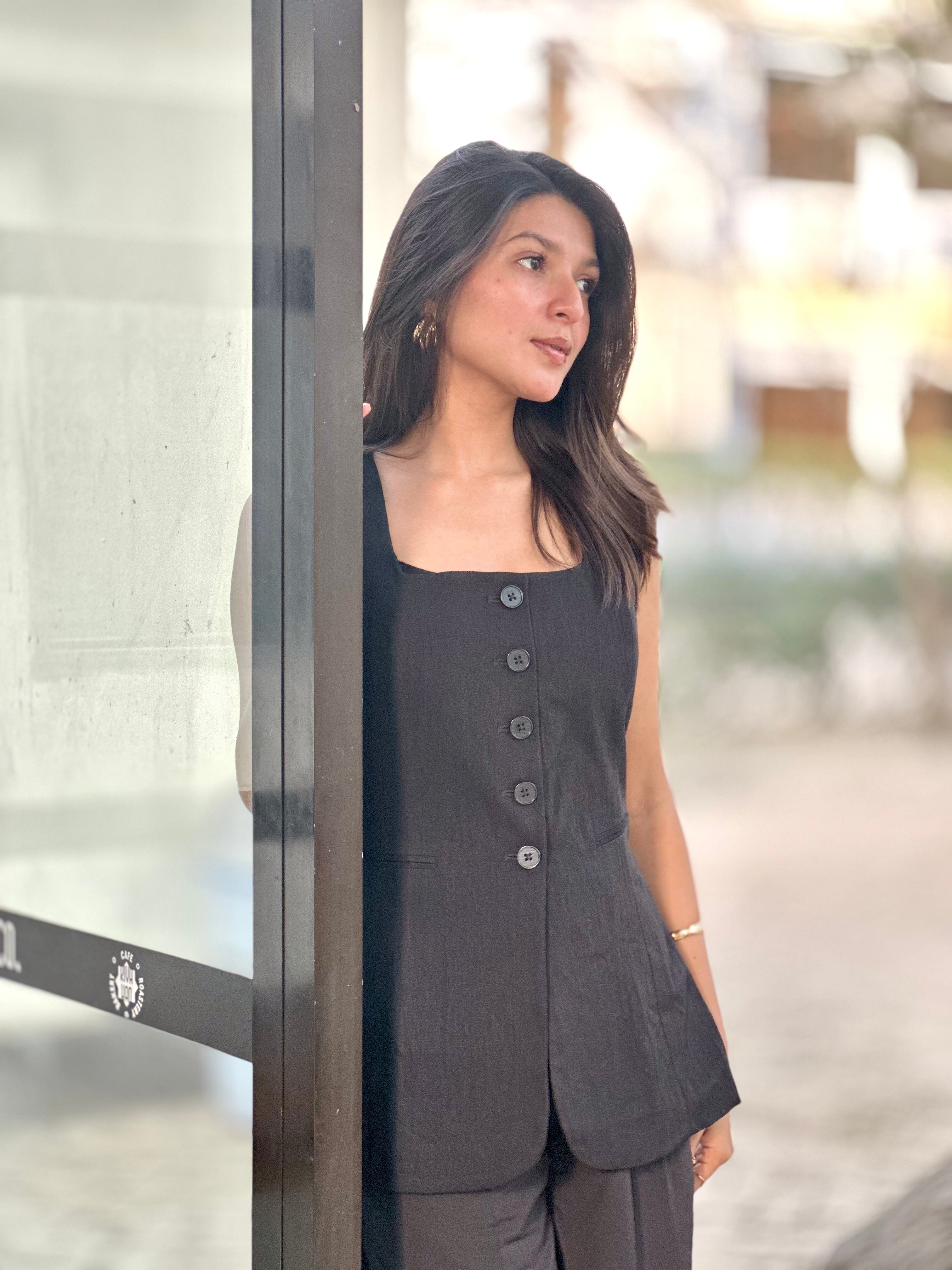 Ladies Black Formal Vest | Sleeveless Button Waistcoat | TrendyBuzz