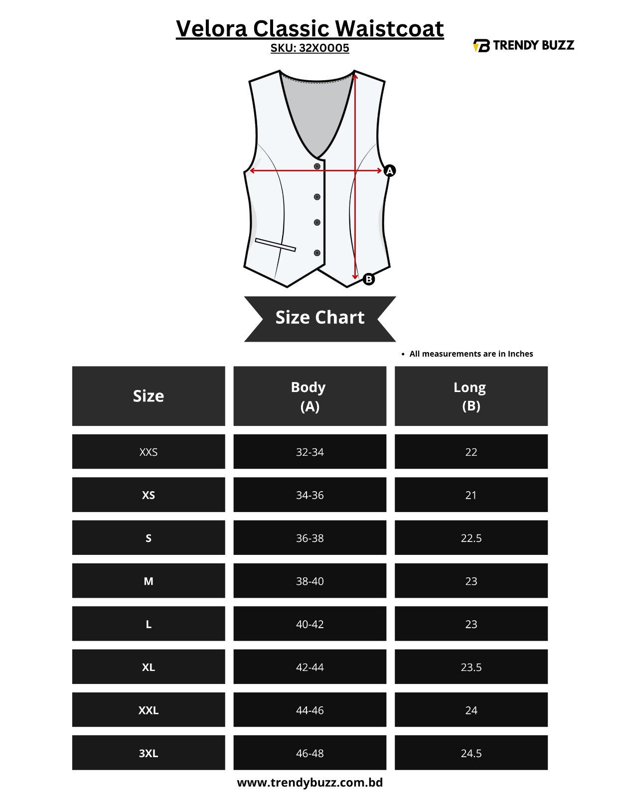 Velora Classic Waistcoat size chart with measurements on a white background
