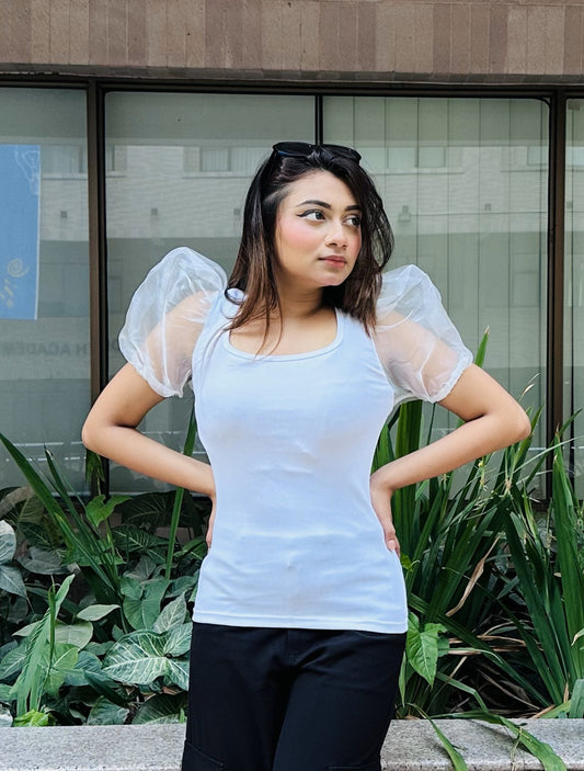 Mesh Puffy Sleeve Tops || White