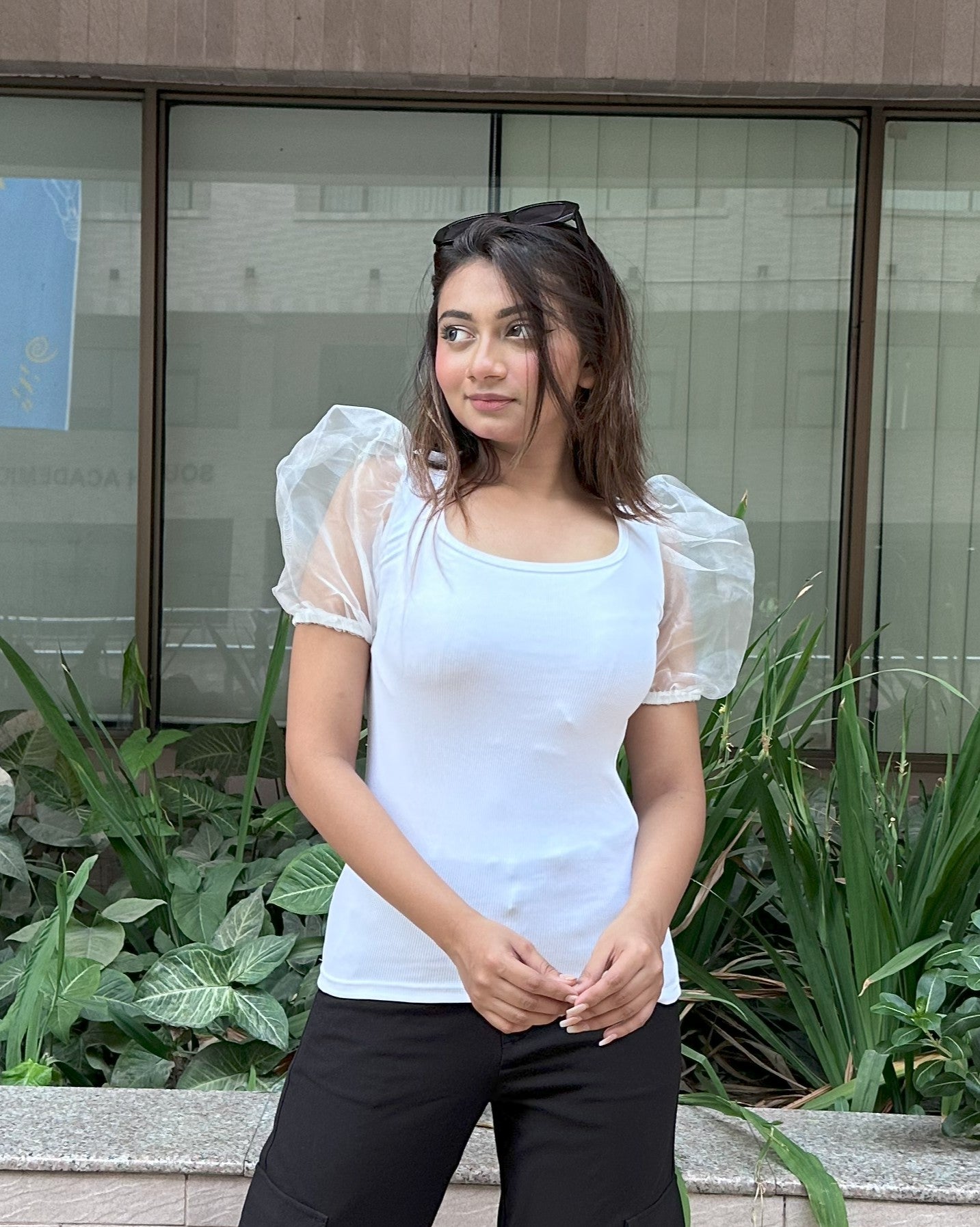 Mesh Puffy Sleeve Tops || White