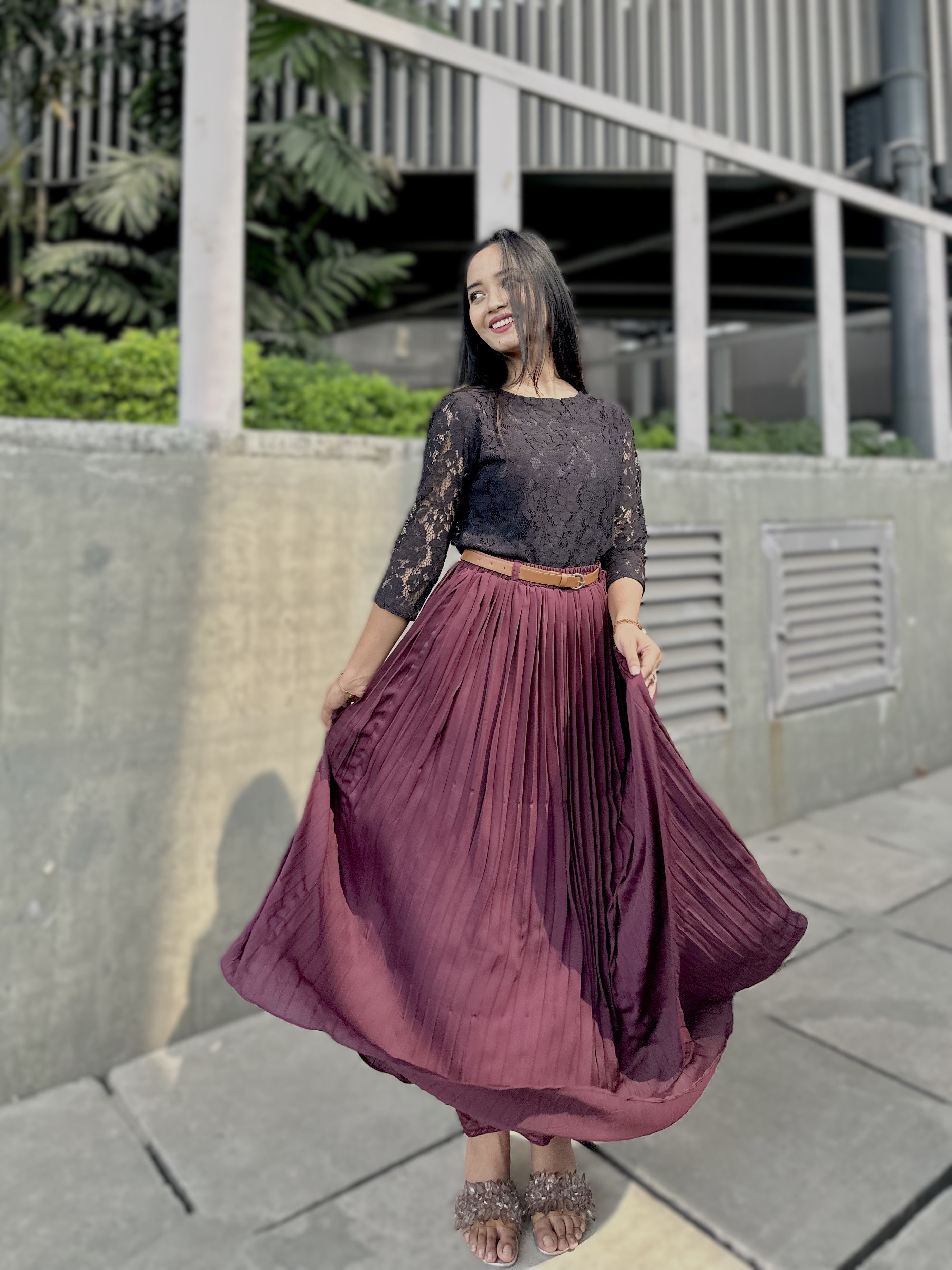 Wine Rose Long Pleated Skirt for Women | Elegant Flowing Skirt | TrendyBuzz
