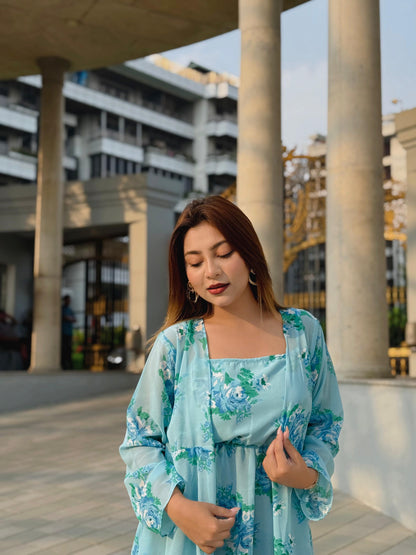 Midi Gown with Shrug Set || Koti Gown Set || Shrug + Midi || Sky