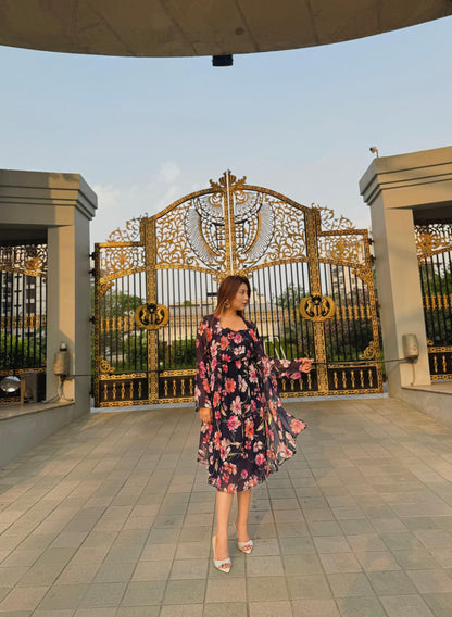 Midi Gown with Shrug Set || Koti Gown Set || Shrug + Midi || Deep Blue Floral