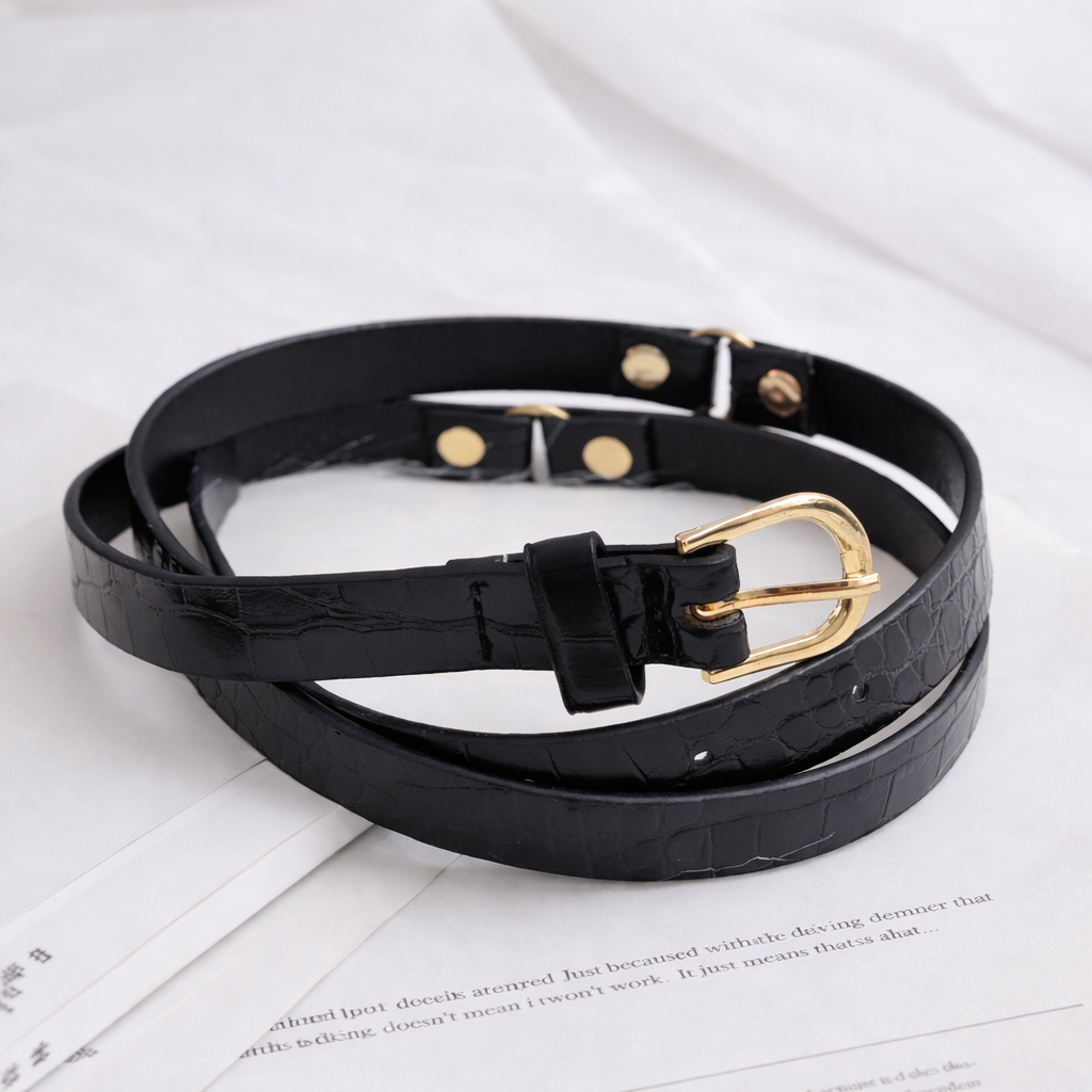 Women Black Double Strap Croco Belt with Gold Buckle – Trendy Waist Belt