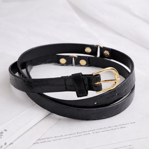 Women Black Double Strap Croco Belt with Gold Buckle – Trendy Waist Belt