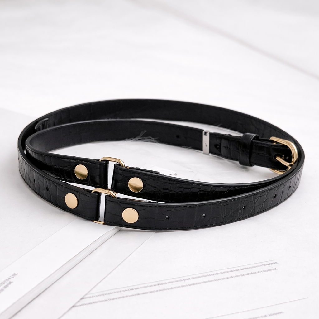 Women Black Double Strap Croco Belt with Gold Buckle – Trendy Waist Belt