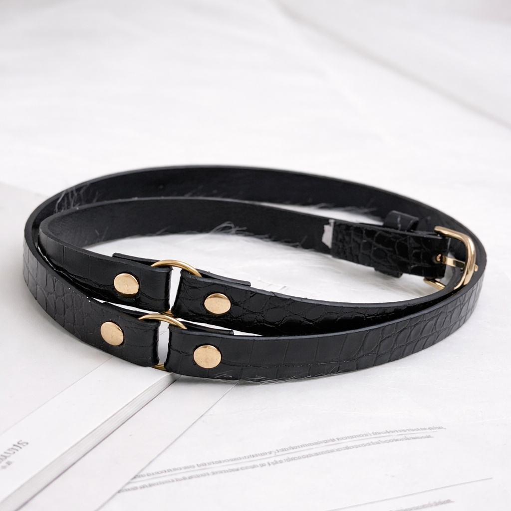 Women Black Double Strap Croco Belt with Gold Buckle – Trendy Waist Belt