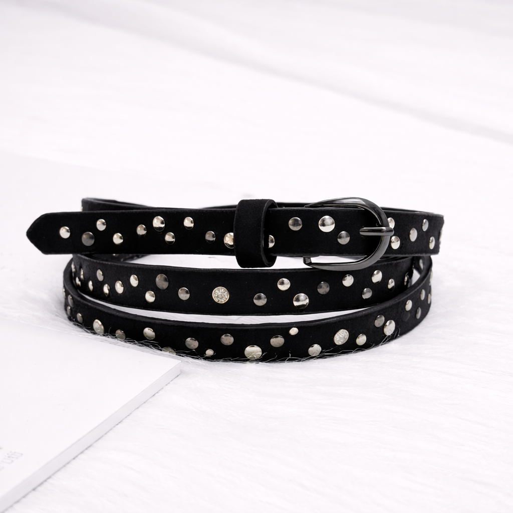 Women's Black Studded Stone Belt | Silver Rivets | Slim Waist Belt for Jeans, Dress & Co-ord