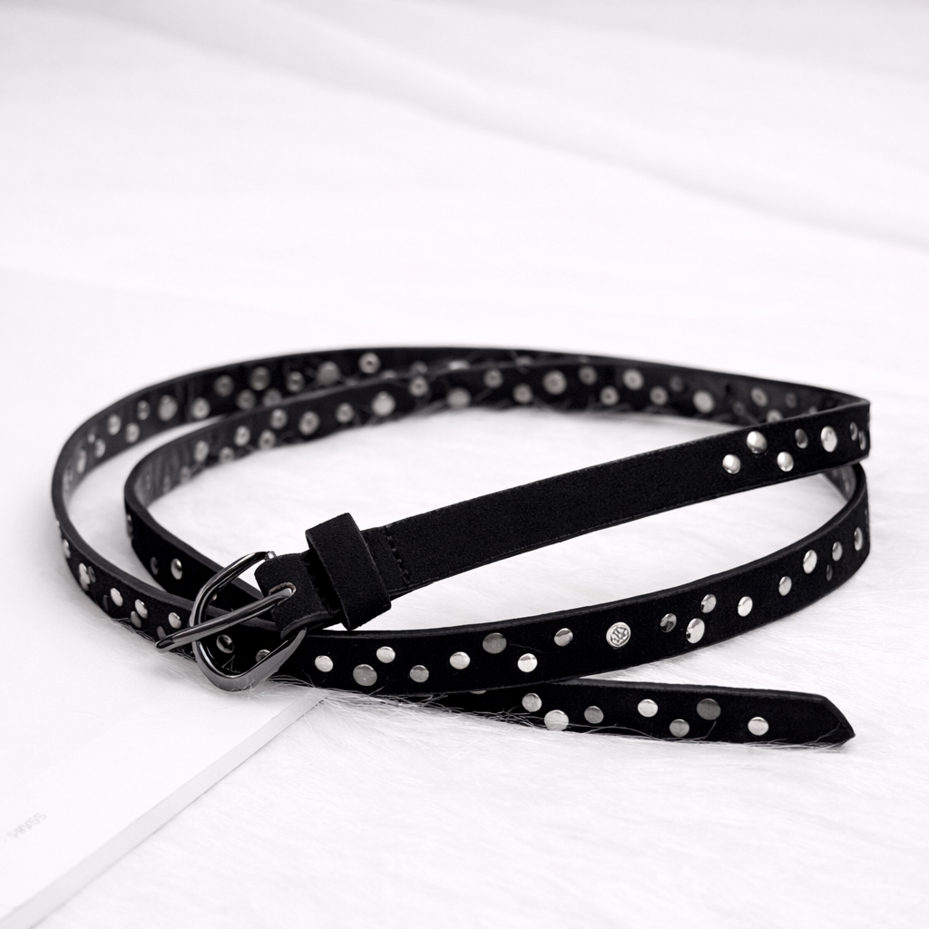 Women's Black Studded Stone Belt | Silver Rivets | Slim Waist Belt for Jeans, Dress & Co-ord