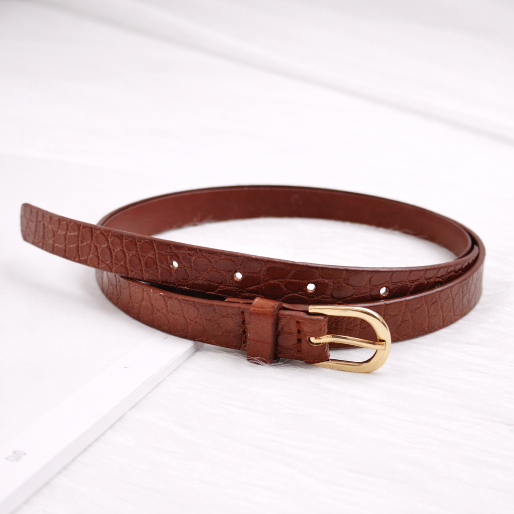 Women Brown Croco Textured Belt with Gold Buckle – Stylish Waist Belt