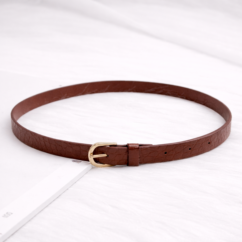 Women Brown Croco Textured Belt with Gold Buckle – Stylish Waist Belt