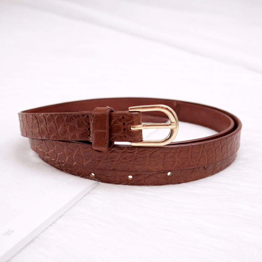 Women Brown Croco Textured Belt with Gold Buckle – Stylish Waist Belt
