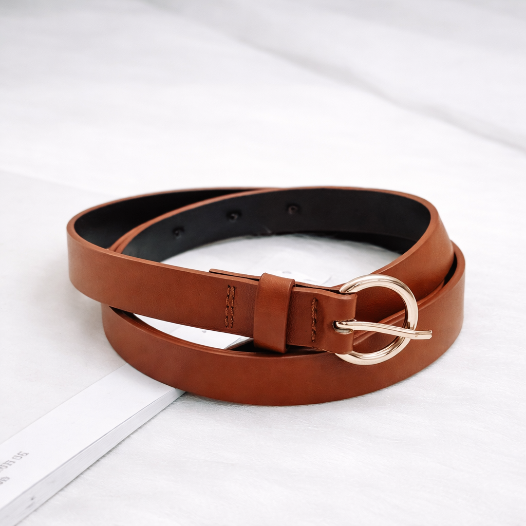 Women Brown Faux Leather Belt with Gold Buckle – Trendy Fashion Accessory