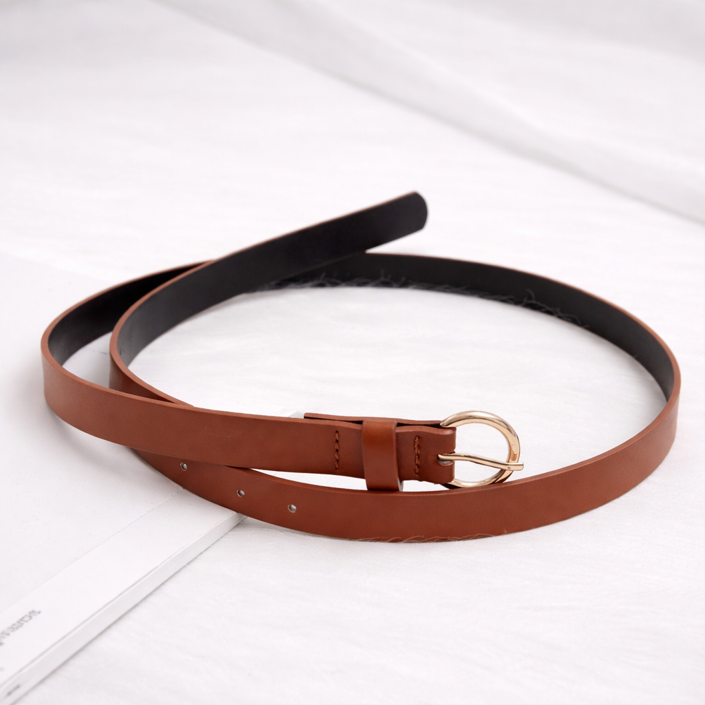 Women Brown Faux Leather Belt with Gold Buckle – Trendy Fashion Accessory