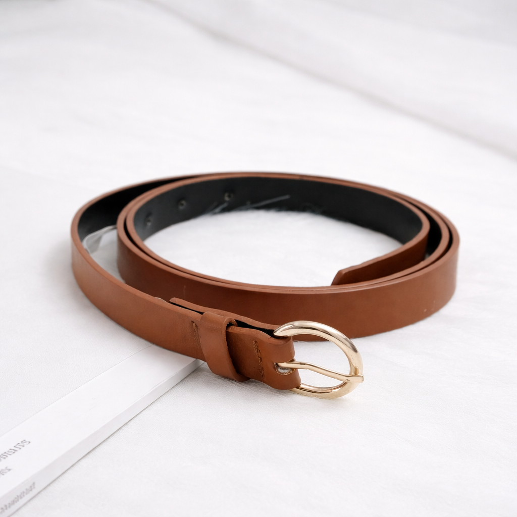 Women Brown Faux Leather Belt with Gold Buckle – Trendy Fashion Accessory