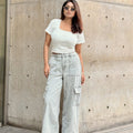 Women's Cargo Straight Jeans in Ash color with high waist, straight-leg fit and cargo pockets by Trendy Buzz.