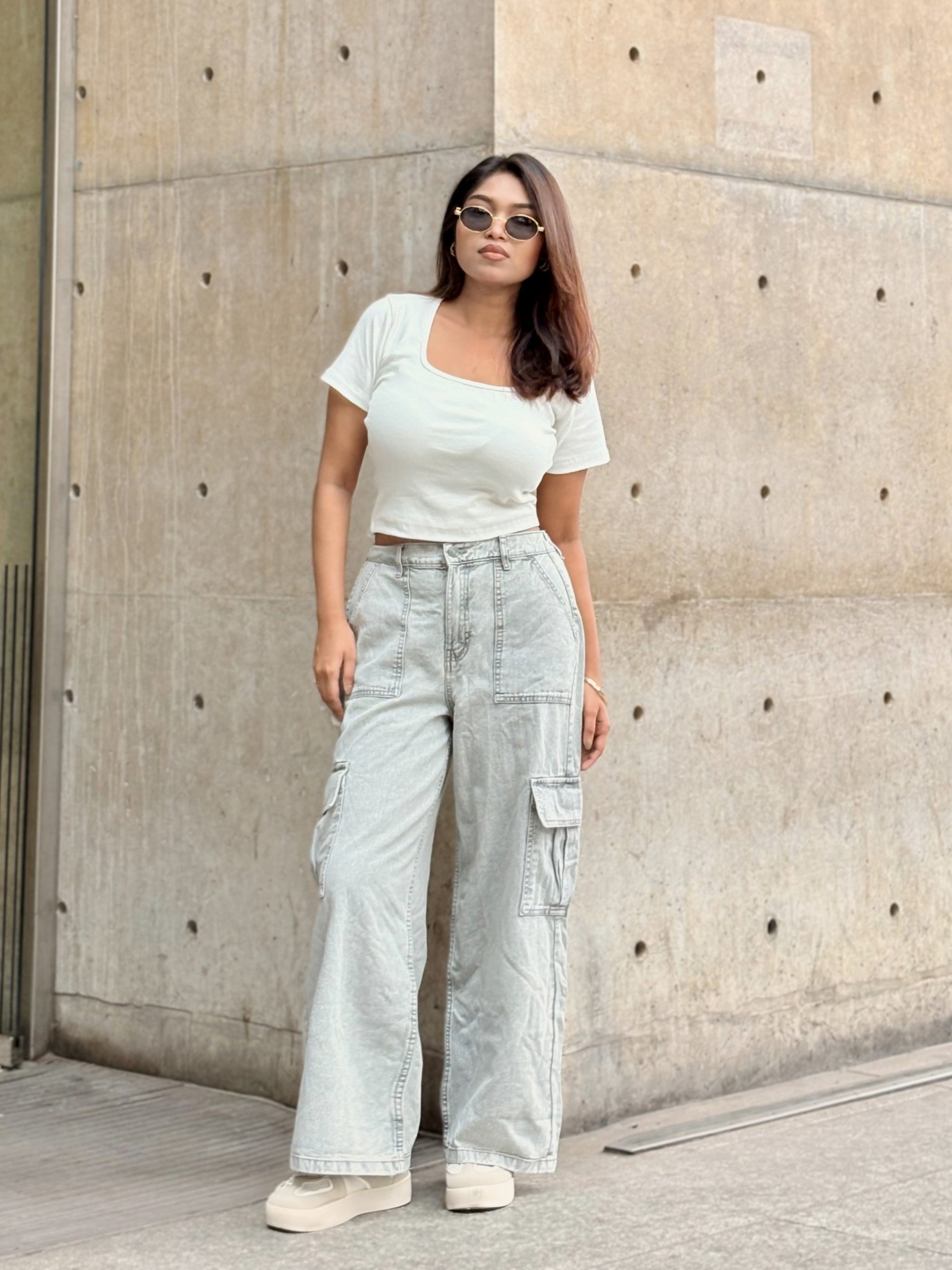 Women's Cargo Straight Jeans in Ash color with high waist, straight-leg fit and cargo pockets by Trendy Buzz.