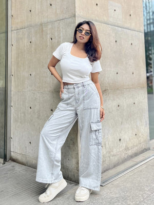 Women's Cargo Straight Jeans in Ash color with high waist, straight-leg fit and cargo pockets by Trendy Buzz.
