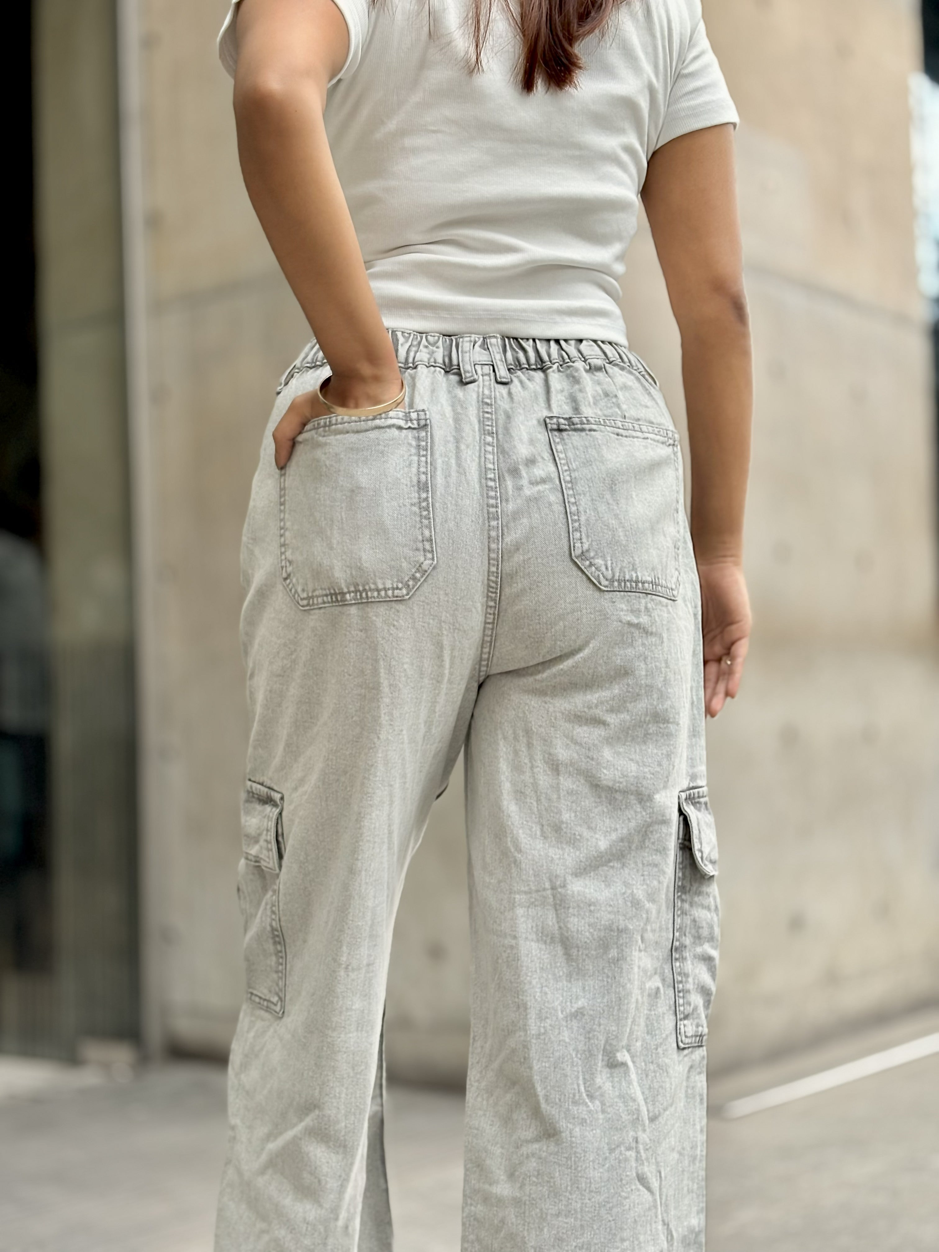 Women's Cargo Straight Jeans in Ash color with high waist, straight-leg fit and cargo pockets by Trendy Buzz.