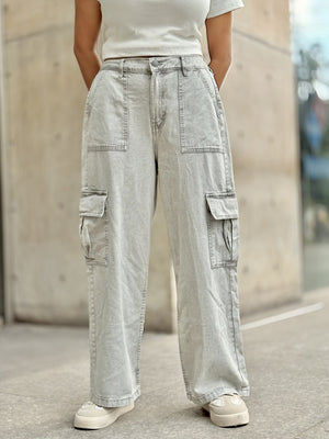 Women's Cargo Straight Jeans in Ash color with high waist, straight-leg fit and cargo pockets by Trendy Buzz.