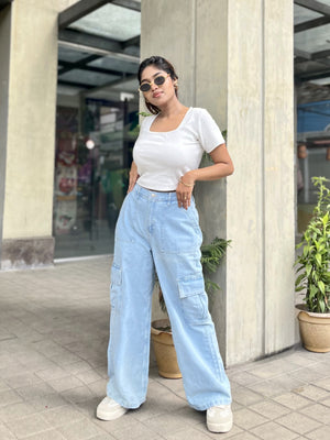 Women's Light Blue Cargo Straight Jeans with high-waist fit, straight-leg design and cargo pockets by Trendy Buzz.