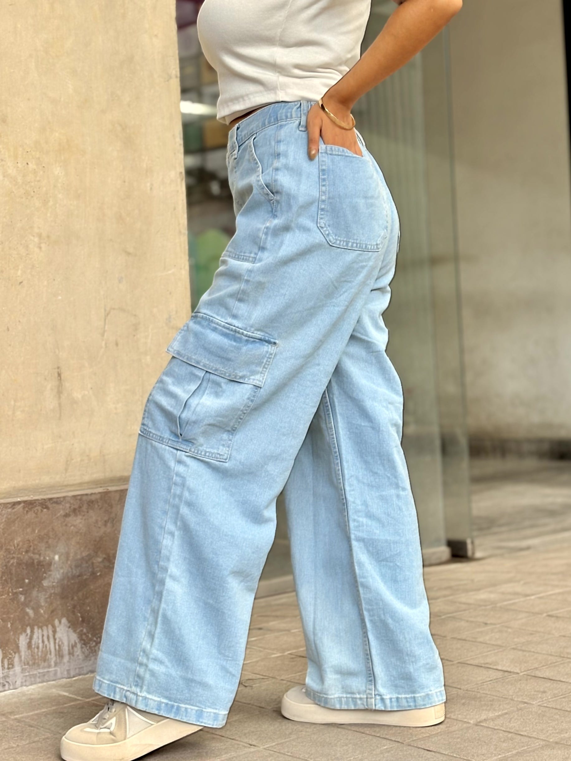 Women's Light Blue Cargo Straight Jeans with high-waist fit, straight-leg design and cargo pockets by Trendy Buzz.