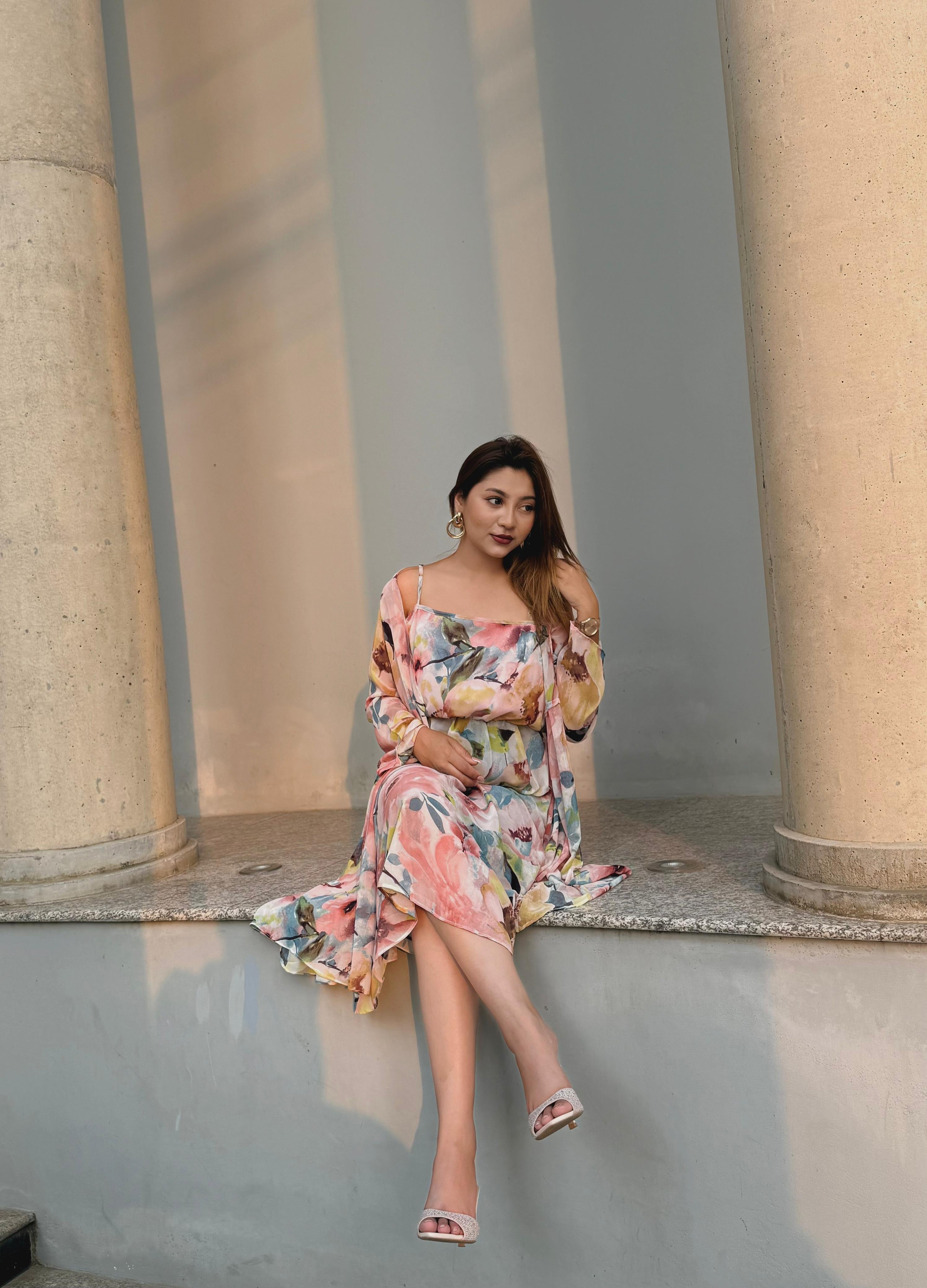 Midi Gown with Shrug Set || Koti Gown Set || Shrug + Midi || Pink Floral