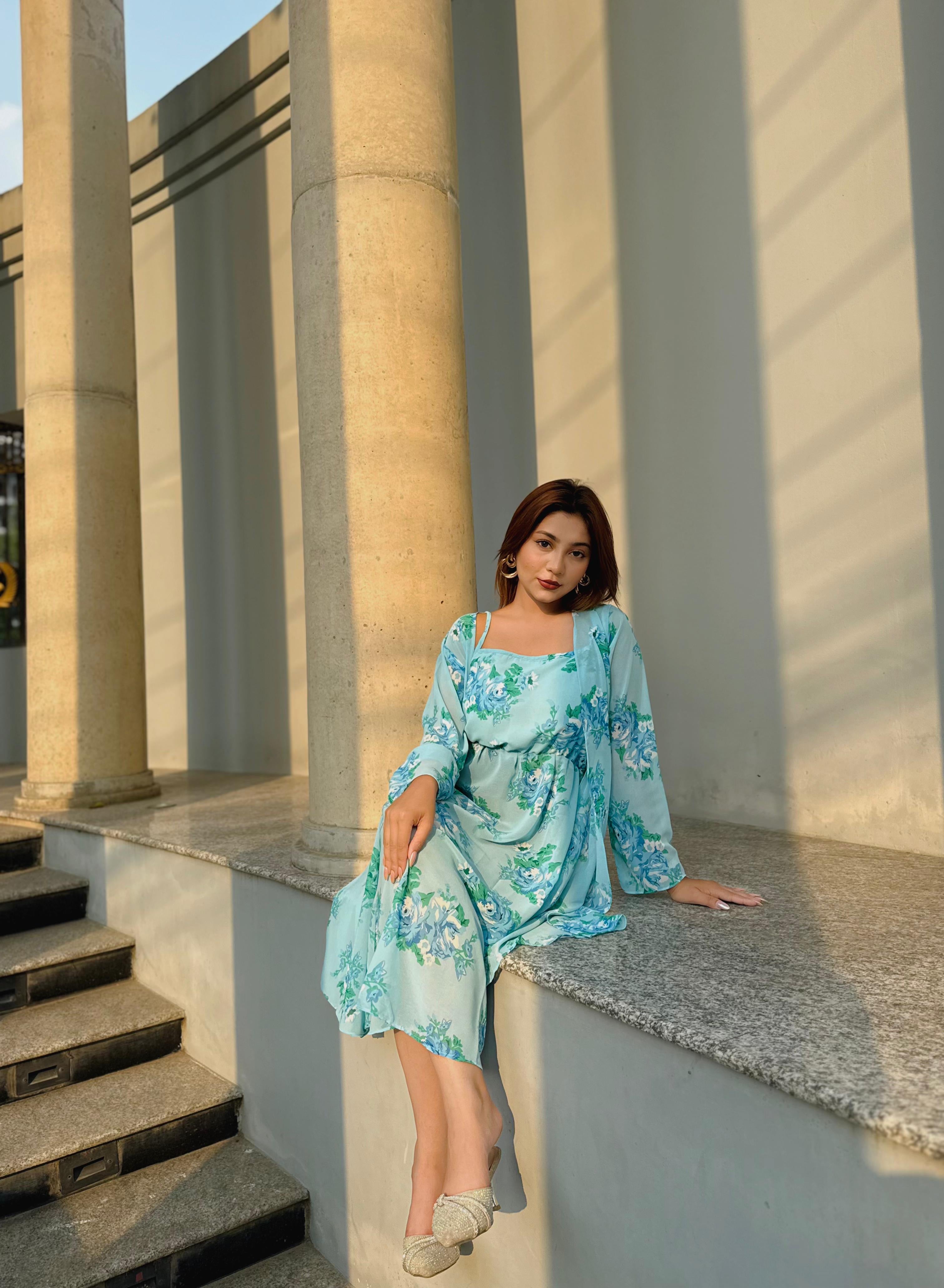 Midi Gown with Shrug Set || Koti Gown Set || Shrug + Midi || Sky