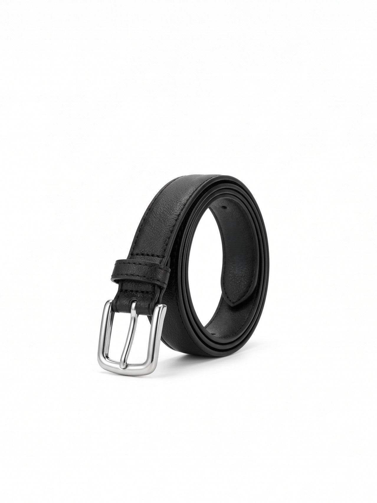 A black leather belt with a silver-tone metal buckle, neatly coiled on a solid white background.