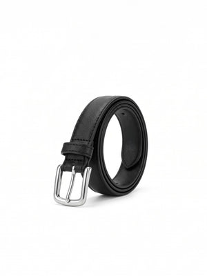 A black leather belt with a silver-tone metal buckle, neatly coiled on a solid white background.