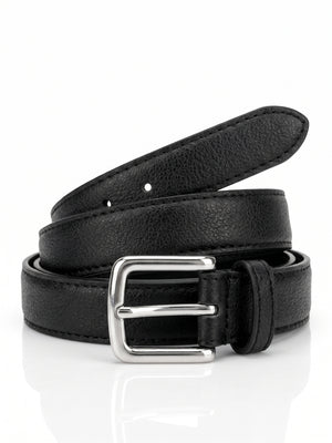 A black pebbled leather belt with a silver-tone metal buckle, neatly coiled on a reflective white surface.