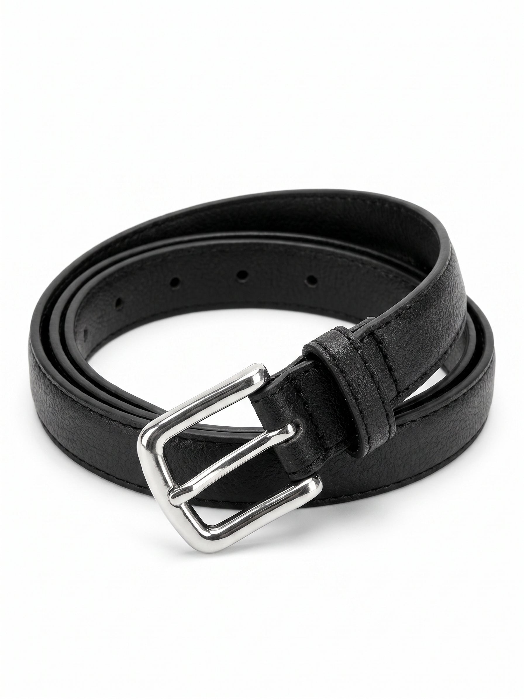 A black leather belt with a polished silver-tone metal buckle, neatly coiled on a clean white background.