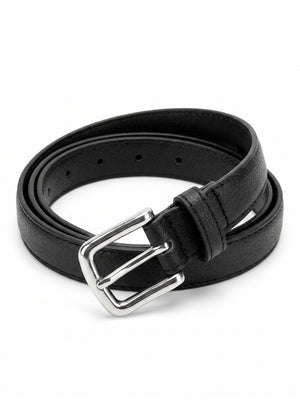 A black leather belt with a polished silver-tone metal buckle, neatly coiled on a clean white background.