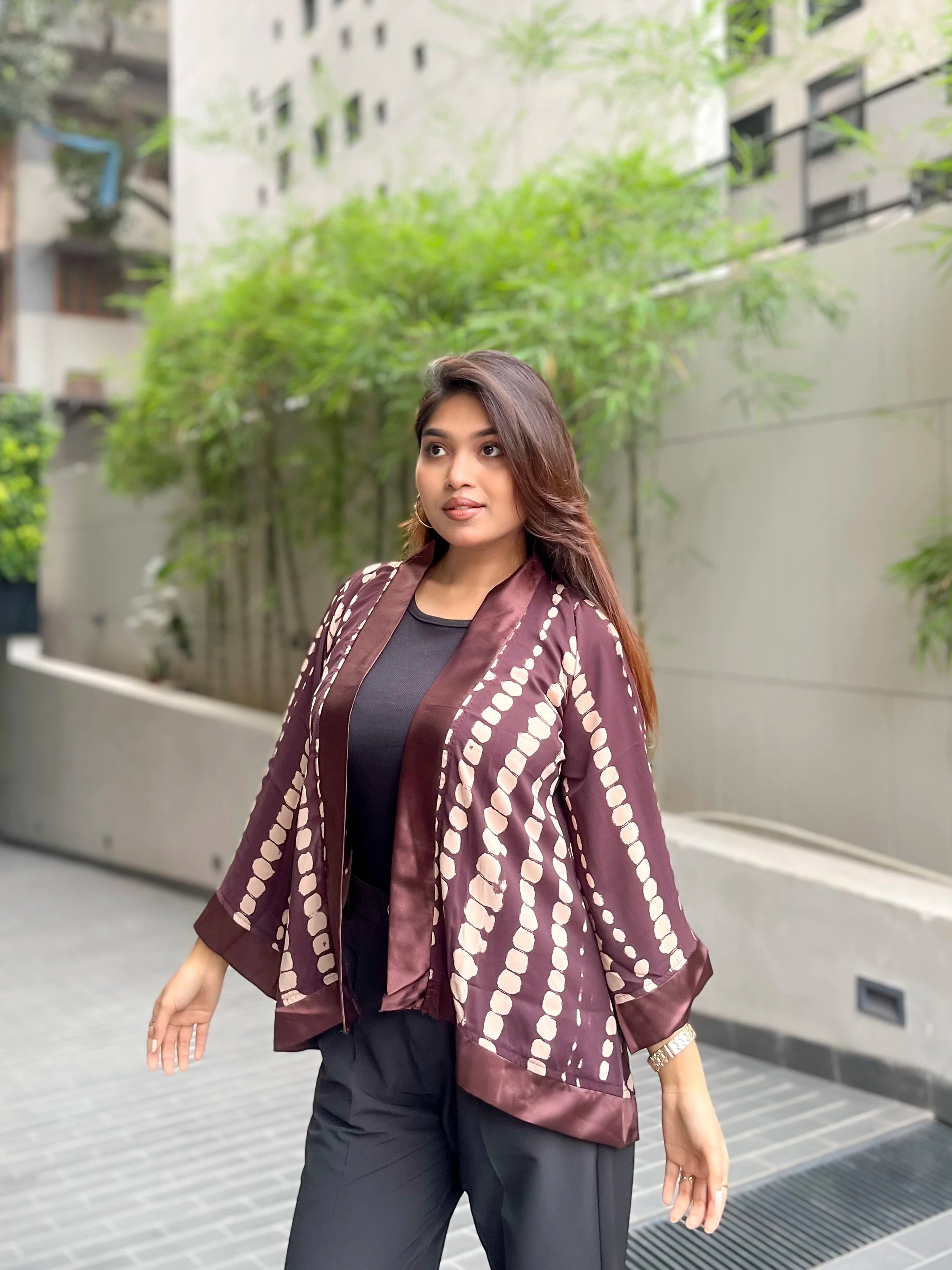 Coffee Brown Block Short Kimono – Chic Outer Layer for Women | TrendyBuzz