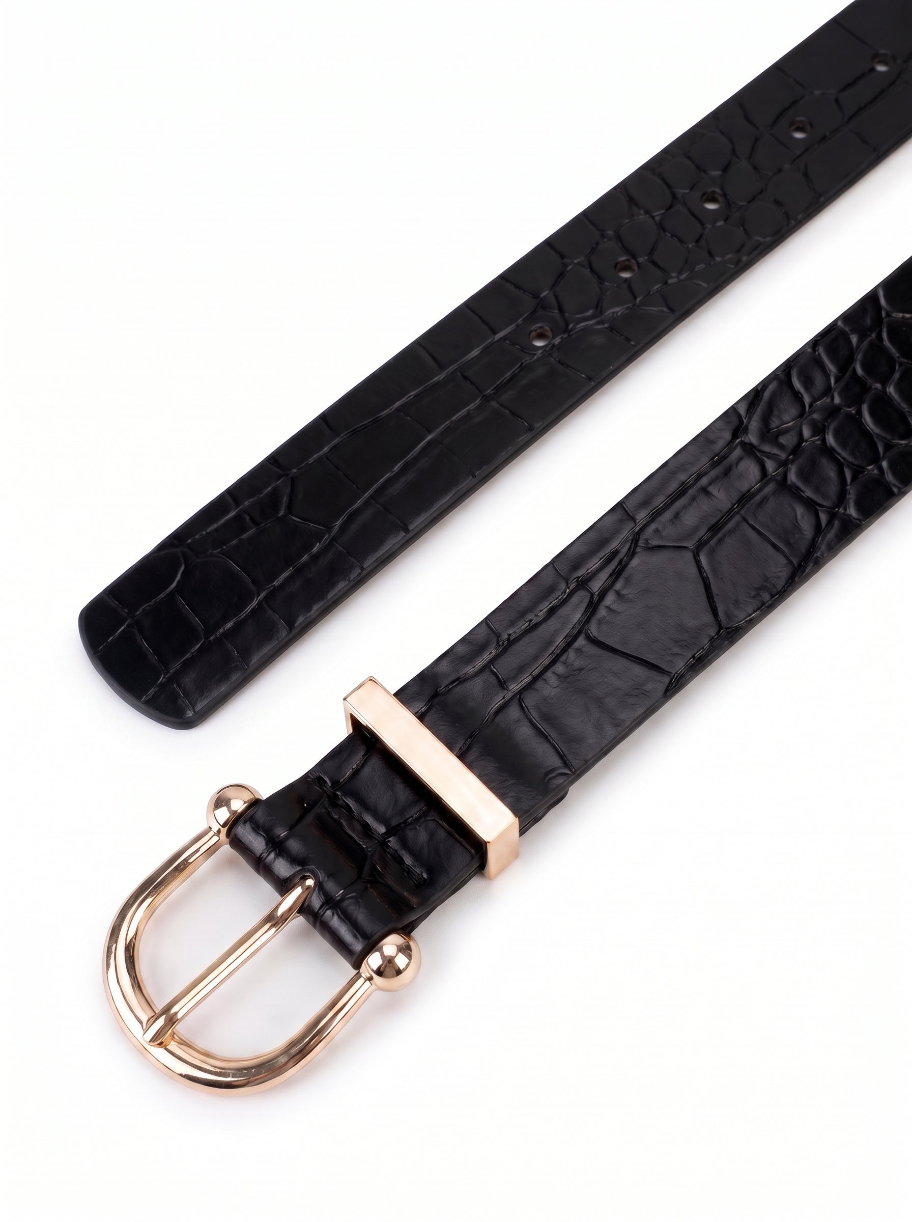 A black crocodile-embossed leather watch strap with a polished rose gold buckle, shown on a clean white background.