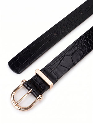 A black crocodile-embossed leather watch strap with a polished rose gold buckle, shown on a clean white background.