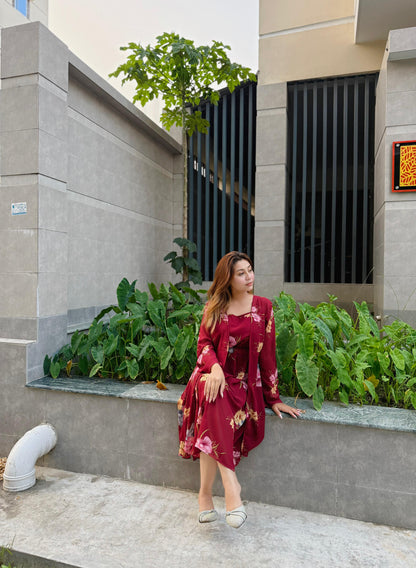 Midi Gown with Shrug Set || Koti Gown Set || Shrug + Midi || Maroon Floral