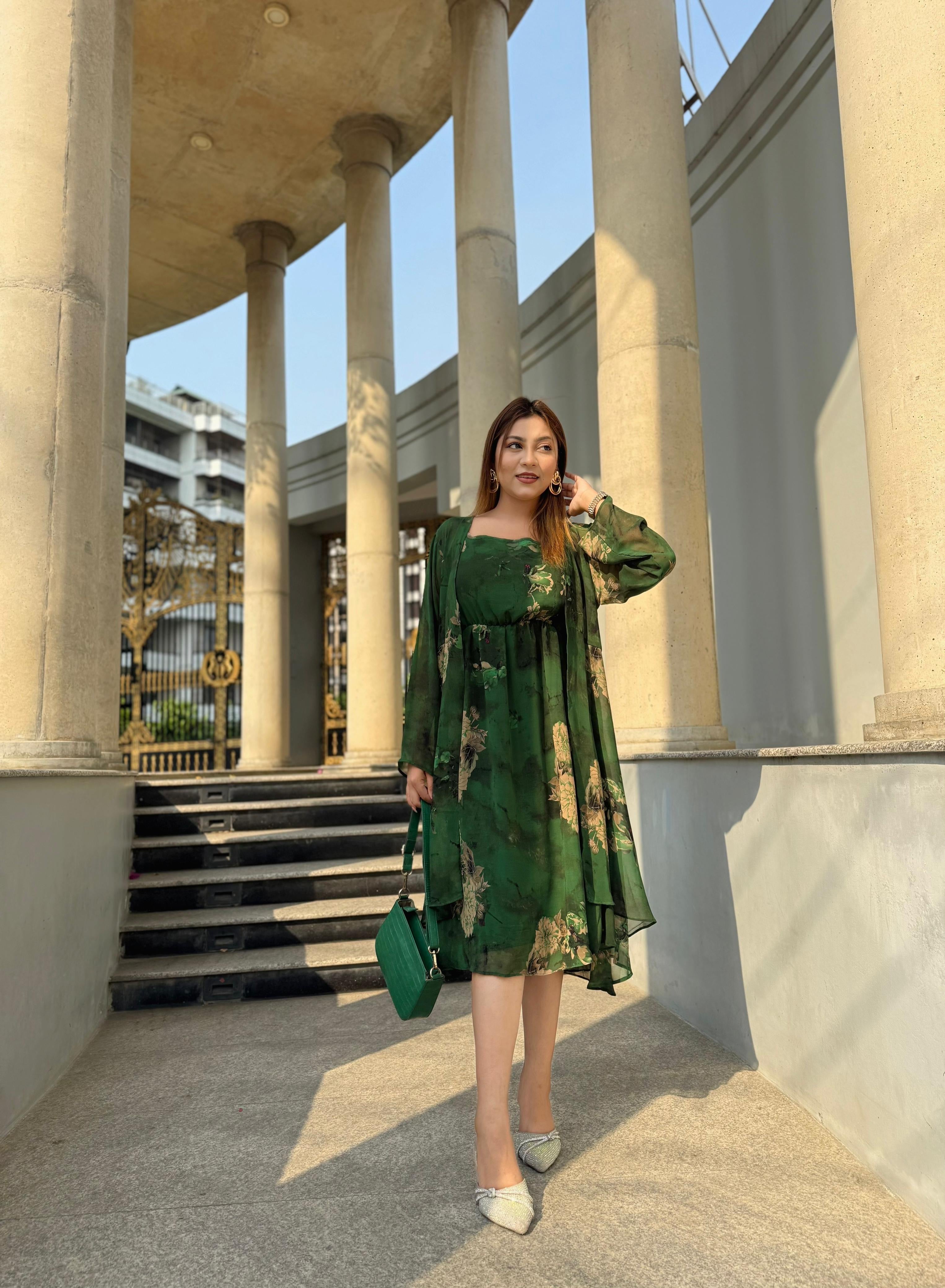 Midi Gown with Shrug Set || Koti Gown Set || Long Shrug With Midi || Green